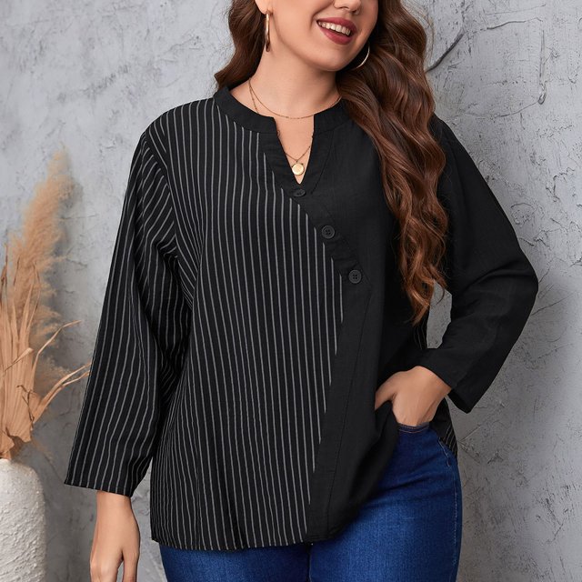 Pompotops T-shirt Ample à Manches Longues Col Rond Boutonné pour Femmes Grande Taille en Solde