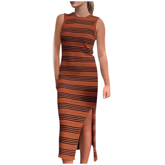 Pisexur Robes pour Femmes Mode Tricot Coton Lin Robes Respirantes Sans Manches Col Rond Robe Maxi Vintage à Rayures Fendue Robes Débardeur Été Décontracté Ajusté Élégant Robe Longue