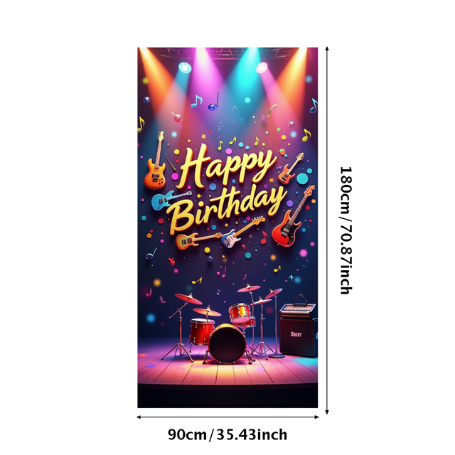 Musical Theme Happy Birthday Banner with Guitar and Notes Decorations Background Backdrop for Birthday Party Photography Props and Party Decor Supplies
