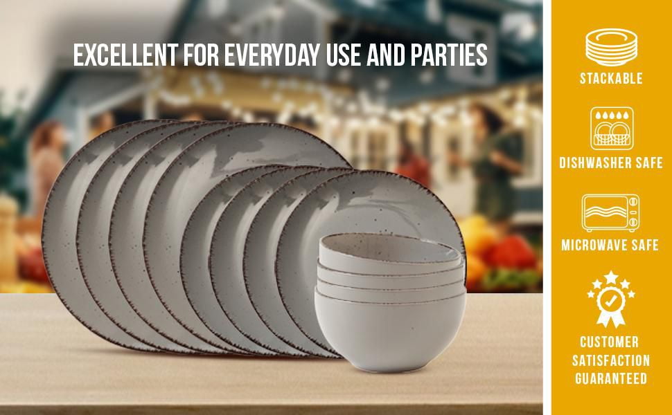 Safdie & Co. Utopia 12 Piece Dinnerware Set, Service for 4, Fiesta Dinnerware, Home Trends and Home Food Network Essentials, Stoneware Dinner Plates, Grey