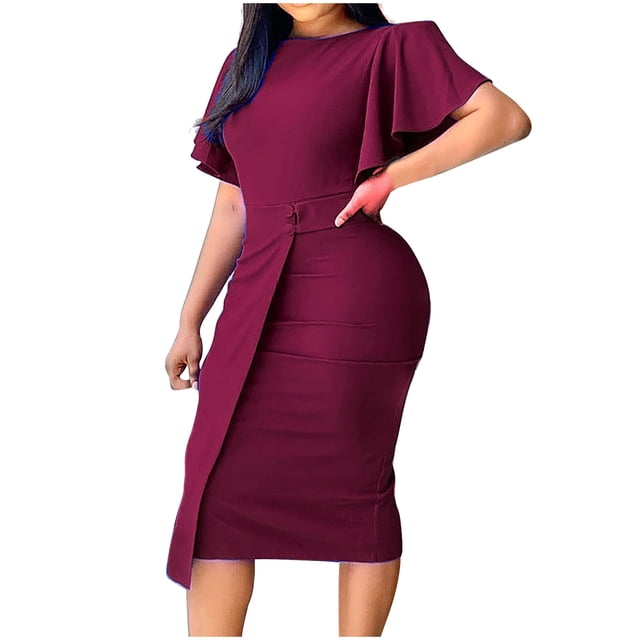 QUYUON Robes Décontractées pour Femmes 2023 Liquidation Robe de Travail à Col Rond Robes de Vacances Femmes Robe T-Shirt Midi à Manches Longues Style D-13969 Bordeaux TG