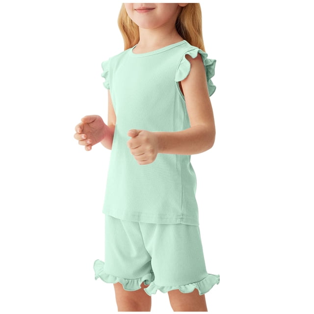 RXIRUCGD 2025 Summer Clothes for Kids Children's Summer Solid Color Comfortable Short Sleeve Round-Neck Top And Short Sets For Kids