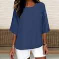 thumbnail image 2 of QATAINLAV Vente de la Rentrée, T-Shirts Surdimensionnés pour Femmes Manches 3/4 Col Rond Hauts Décontractés Amples T-Shirts Basiques Blouse en Coton et Lin Tenues Tendance Été 2025 Bleu Foncé L, 2 of 5
