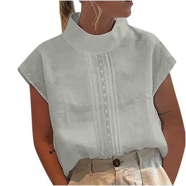 Birdeem Womens Spring Summer Solid Color Casual High Neck Top Cotton Linen Lace Blouses