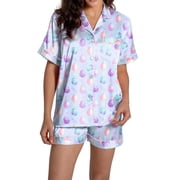 GDREDA Loose-Fit Sleepwear Set Women's Pajamas Set Easter Cute Print Short Sleeve Button Down Shirt Pajamas Shorts Set Pajamas Women Pajama Sets pyjamas Light Blue,XL