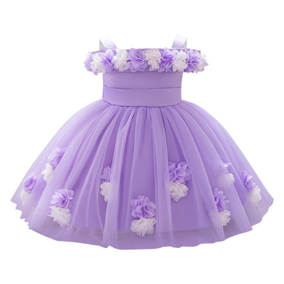 Princess Dress for Girls, Sleeveless One-Shoulder Mesh Design with 3D Floral Accents, Lightweight Polyester Fabric, Blue Color, Size 70 cm, Ideal for Birthday Parties and Photography Session