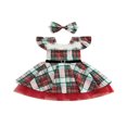 thumbnail image 1 of Plaid Square Neck Fly Sleeve Layered Dress with Belt+ Bowknot Headband, 1 of 9