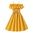 thumbnail image 1 of PMVFHDE Toddler Girls Sleeveless Summer Dress Strapless Solid Color Princess Dress with Ruffle Trim Off-Shoulder Boat Neck with Belt,Yellow,9-10 Years, 1 of 4