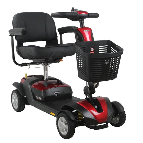 FOXTR 1 Trottinette de Mobilité Portable avec Suspension Ultra, Trottinette de Voyage à 4 Roues, Rouge, Compacte s'Insère dans le Coffre de la Voiture, Panier Extra Grand, Siège Coulissant Ajustable