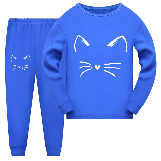 Hiiyo Ensemble de Pyjama pour Grands Garçons à Imprimé de Chat de Dessin Animé, Haut à Manches Longues et Pantalon, Tenue de Nuit