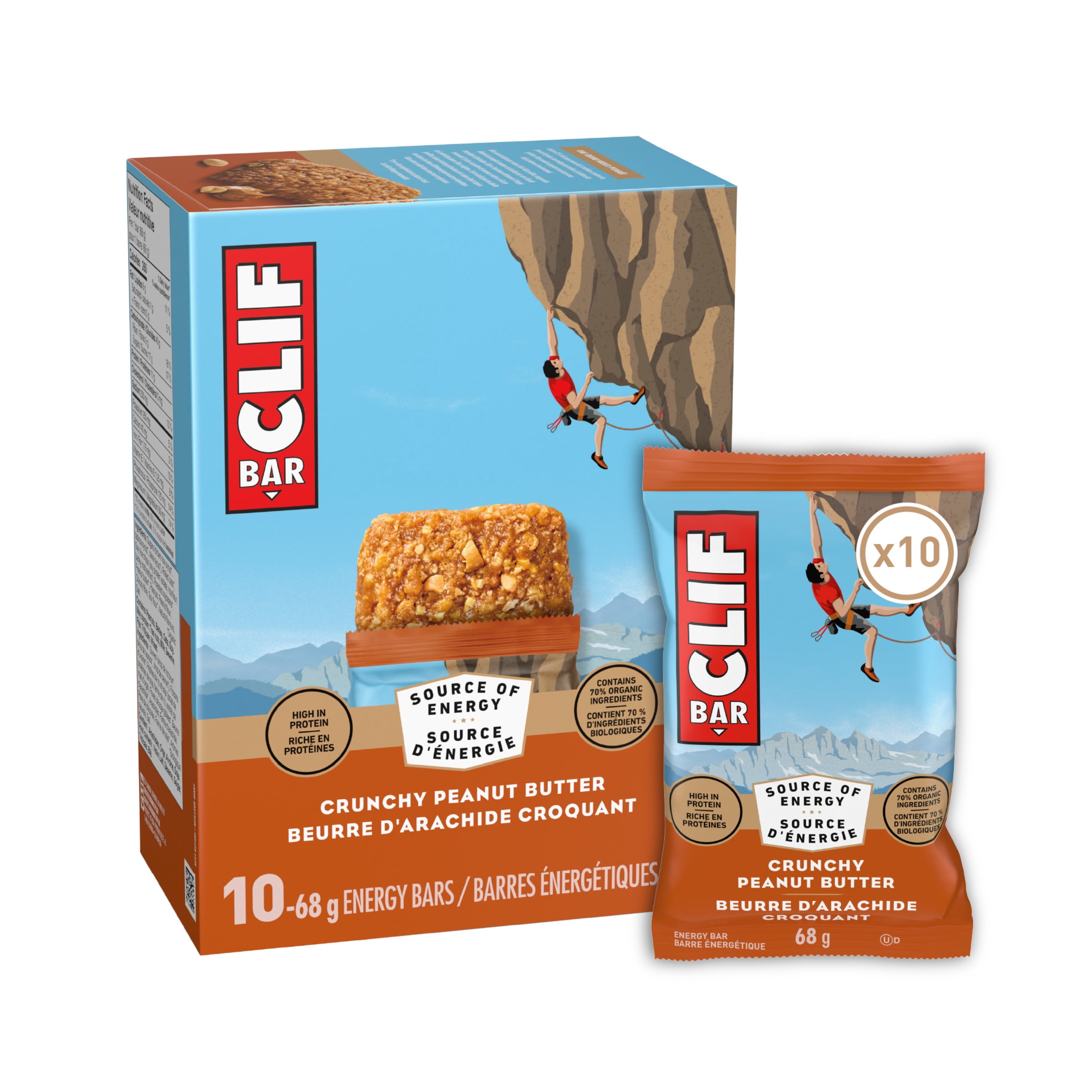 CLIF BAR Barres Énergétiques, Beurre d'Arachide Croquant, Barre Granola, Riche en Protéines, Contient 70 % d'Ingrédients Biologiques Boîte de 10 Barres