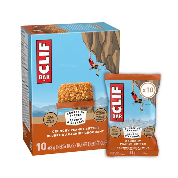 CLIF BAR Energy Bars, Crunchy Peanut Butter, Granola Bar, High in Protein, Contains 70% Organic Ingredients Box of 10 Bars