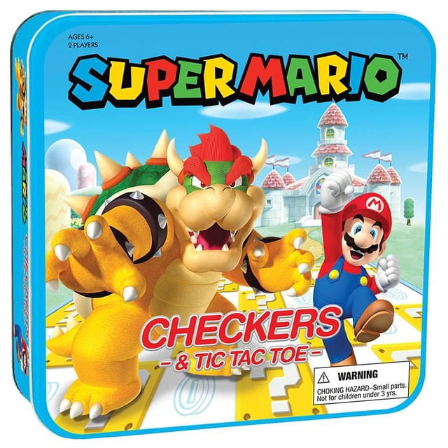 USAopoly CHECKERS & TIC TAC TOE: Super Mario vs. Bowser board game tin featuring colorful Mario and Bowser characters with a castle backdrop, designed for 2 players ages 6 and up, combining classic checkers and tic tac toe games in one set.
