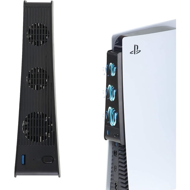 SURJDE Cooling Fan for PS5/Playstation 5 Digital Edition & Ultra HD Game Console, black external cooler with three high-speed fans for temperature control. Compact vertical design connects via USB, featuring a blue indicator light and switch for plug-and-play operation.