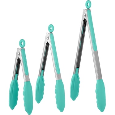 600°F Heat Resistant Kitchen Tongs: U-Taste 7/9/12 inch Silicone Cooking Tong Set with Non Stick Rubber Tips and Silicon Coated 18/8 Stainless Steel Handle for Serving Grilling Salad(Aqua Sky)