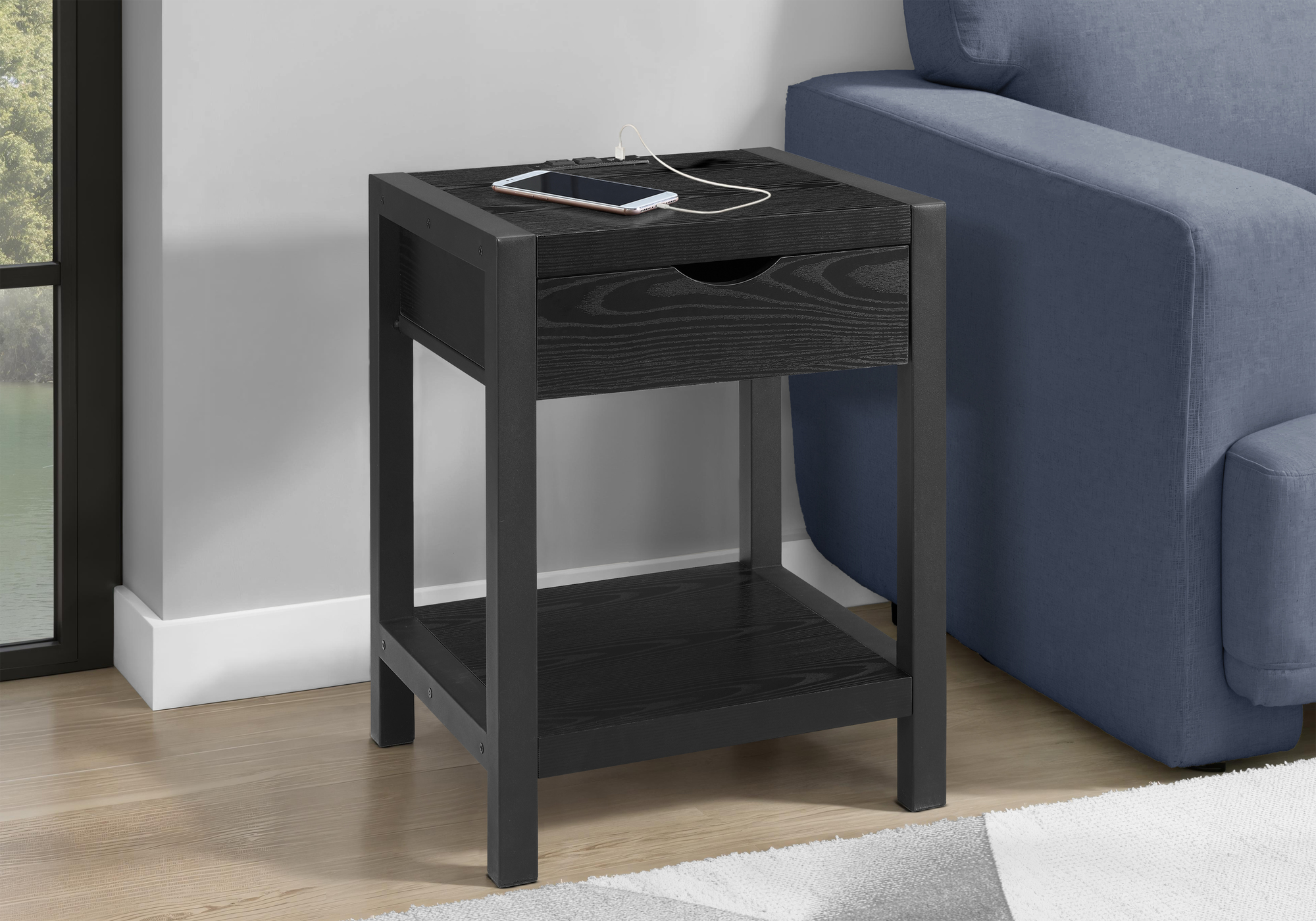 Monarch Specialties - Table D'Appoint, 24"H, 2 Niveaux, Bout, Table D'Appoint, Table De Nuit, Lampe, Tiroir De Rangement, Laminé Chêne Noir, Métal Noir, Contemporain