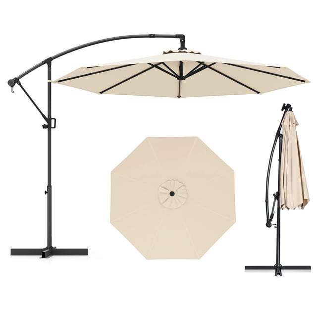 Gymax Parasol Déporté de Patio 10 Pi avec Base en X, Inclinaison Infinie et Rotation à 360° Beige