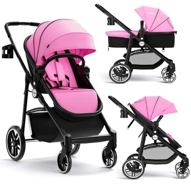 INFANS Poussette pour Bébé 2 en 1 Rose, Conçue comme une Poussette pour Nourrisson à Haut Paysage et Landau Réversible. Comprend une Poussette Pliable, un Auvent Ajustable avec Visière, un Porte-Gobelet, un Panier de Rangement et des Roues avec suspension pour des Promenades Fluides. la Poussette Comprend une Main Courante Détachable, un Harnais à Cinq Points, des Roues Arrière Verrouillables et un Couvre-Pied Multifonction pour une Utilisation Saisonnière.