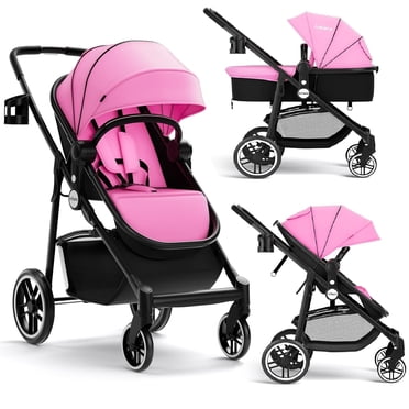 INFANS 2 in 1 Baby Stroller, High Landscape Infant Stroller and Reversible Bassinet Pram, Foldable Pushchair with Adjustable Canopy, Cup Holder, Storage Basket, Suspension Wheels (Pink)