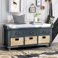 thumbnail image 1 of Entryway Bench, Shoe Bench with Hidden Storage, Shoe Storage Bench with 3 Drawers and 3 Rattan Baskets, Storage Shelf with Seat Cushion for Living Room, Entryway, Wood, Navy (42 inch), 1 of 10
