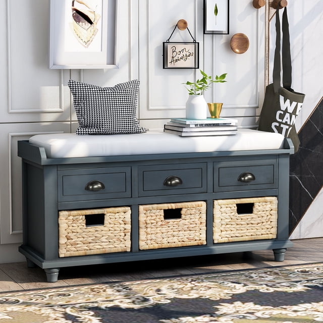 Entryway Bench, Shoe Bench with Hidden Storage, featuring a navy wood frame with three drawers and three rattan baskets for storage. The bench includes a removable linen seat cushion for comfort and functionality. The drawers have round handles, and the rattan baskets are designed with a square hollow style for easy access. Ideal for living rooms or entryways, this 42-inch bench combines modern design with natural rattan craftsmanship.