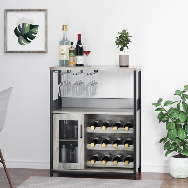 BeesClover Wine Bar Cabinet, Liquor Cabinet with Detachable Wine Rack, Small Coffee Bar with Storage & Glass Holder, Mesh Door, Buffet Sideboard for Dining Room Kitchen Living Room