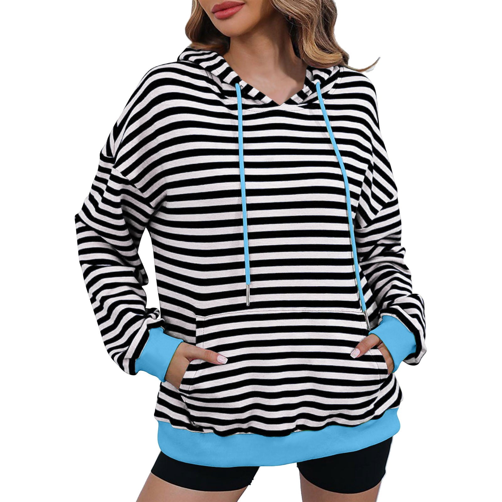 Timegard Sweatshirt for Women Long Sleeve Striped Color Block Hoodies Pullover Fall Casual Loose Top