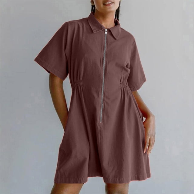 Weiqiqre Robes Décontractées pour Femmes à Fermeture Éclair, Manches Courtes Style Cap, Col en V, Robes Midi Décontractées Fluides avec Poches