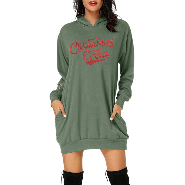 TJAZFJPA Robes d'Hiver pour Femmes Mode Automne et Hiver Décontracté Imprimé de Noël Chandail à Capuche à Manches Longues avec Poche Robe Chandail Chandail en Molleton