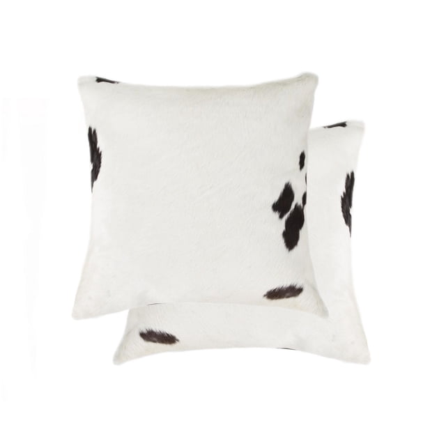 TORINO KOBE COWHIDE PILLOW 18"X18" 2-PACK with two square throw pillows crafted from 100% natural Indian cowhide, featuring white fur with black spots, hand-stitched with hidden zipper closures, ideal for decorative layering in living spaces.