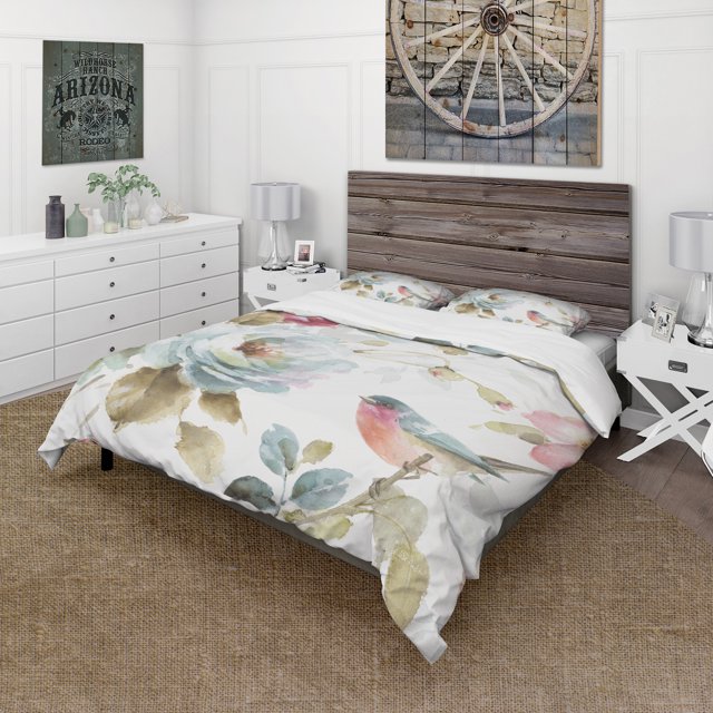Designart 'Beautiful Bird Romance I' Cottage Bedding Set - Duvet Cover & Shams