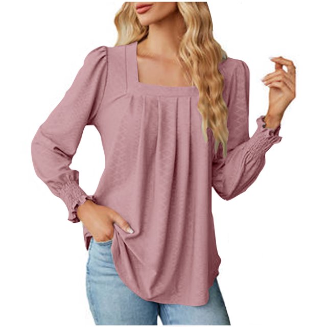 Besolor Hauts à Encolure Carrée pour Femmes Blouse à Manches Longues Bouffantes de Printemps Tunique Plissée Décontractée Chic Automne 2024 Rouge