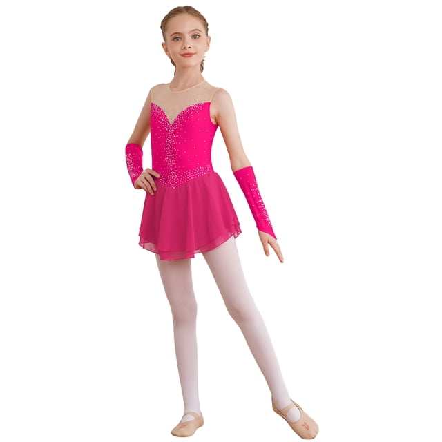 Aislor Robe de Patinage Artistique pour Fille, Robe de Danse Ballet Sans Manches en Maille avec Strass, Justaucorps de Gymnastique Rythmique avec Gants, Rose Vif 14