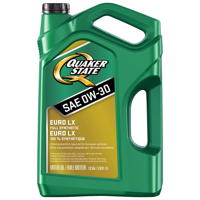 Quaker State Euro LX Full Synthetic SAE 0W-30 motor oil 5 L green plastic container with ergonomic handle and black screw cap, labeled for European vehicles with bilingual text, providing advanced engine protection and improved fuel economy.
