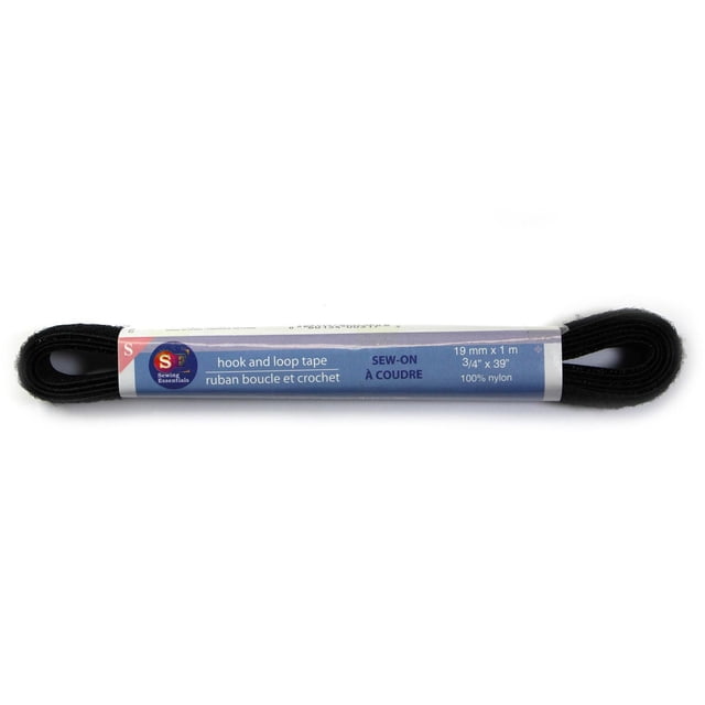 ESPRIT Hook and Loop Tape Sew-On – 19mm x 1m (¾" x 39") – Black, a black nylon hook and loop fastening tape coiled and wrapped with a blue label showing Sewing Essentials branding and product details, ideal for fabric closures and sewing projects.