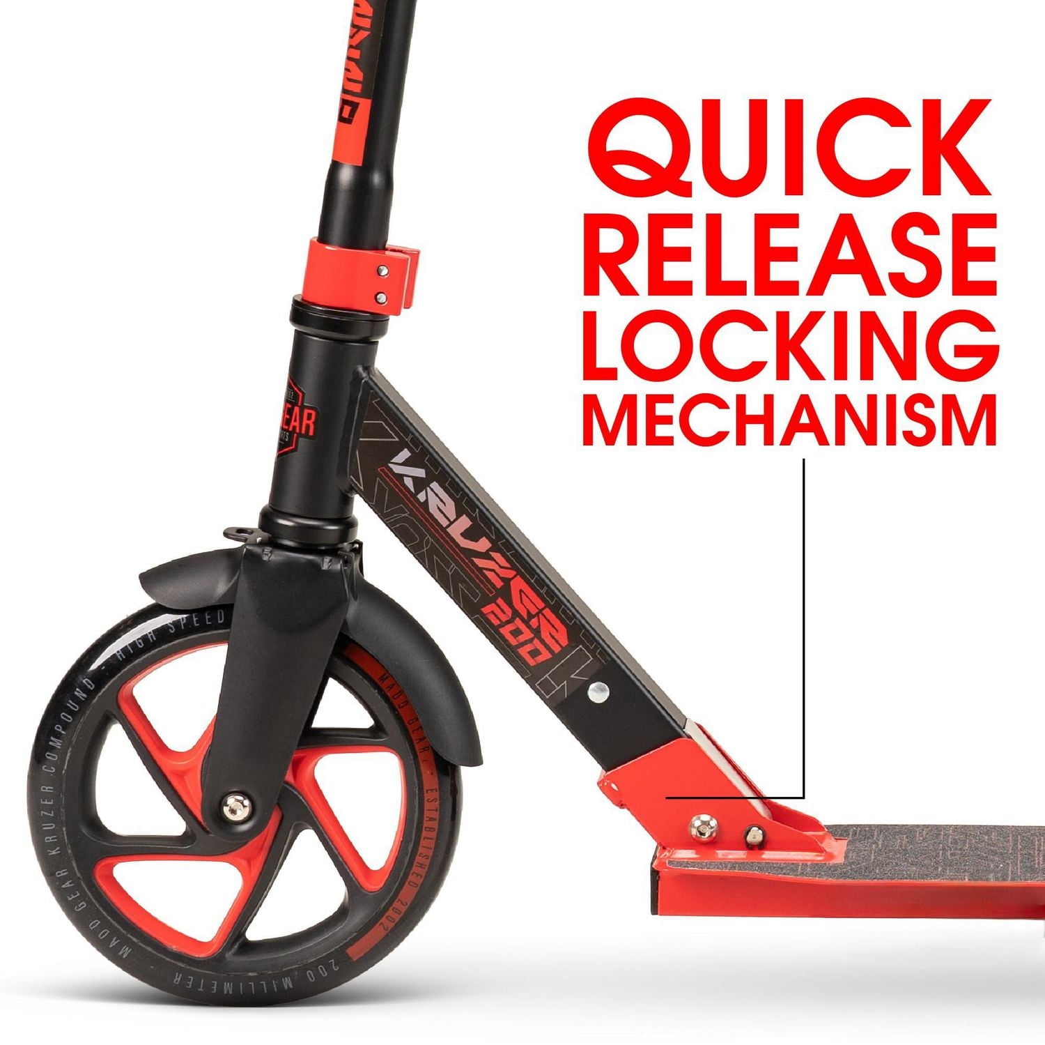 Madd Gear Kruzer 200 Trottinette pliante de déplacement pour adultes et ados Kruzer 200 grandes roues de 200 mm, guidon réglable, cadre en acier carbone léger - Rouge