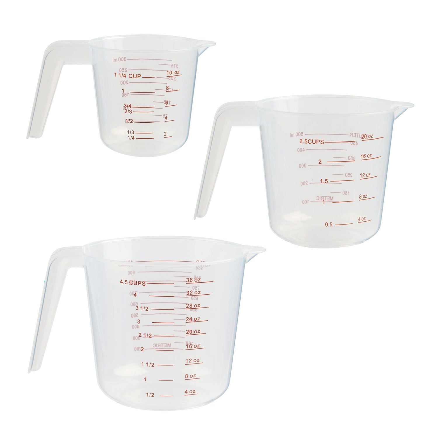 Mainstays Ensemble de tasses à mesurer en plastique de 3 pièces, transparent, avec becs verseurs et design compact