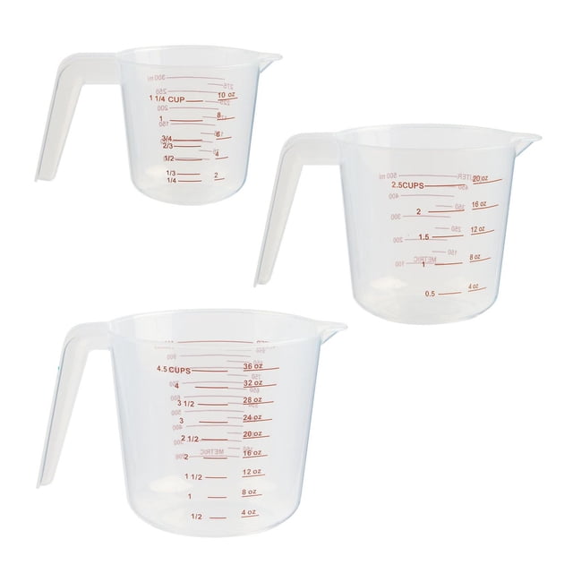 Mainstays 3-Piece Plastic Measuring Cup Set, clear plastic kitchen utensils with ergonomic handles and pour spouts, featuring red measurement markings in cups, ounces, and millilitres, including 1000 ml, 500 ml, and 300 ml sizes, designed for easy top-view reading and space-saving storage, also suitable for measuring dry ingredients.