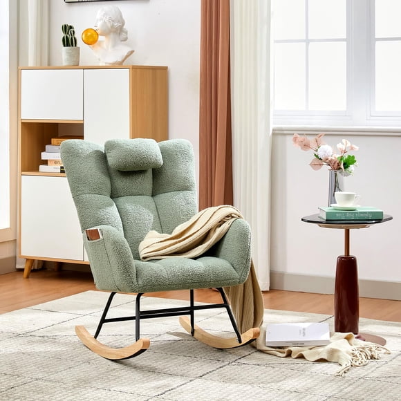 GOGRANT Rocking Chair Nursery Glider, Teddy Fleece Upholstered Rocker with High Backrest & Thick Padded Seat, Sturdy Wood Frame Accent Armchair for Living Room Bedroom Home