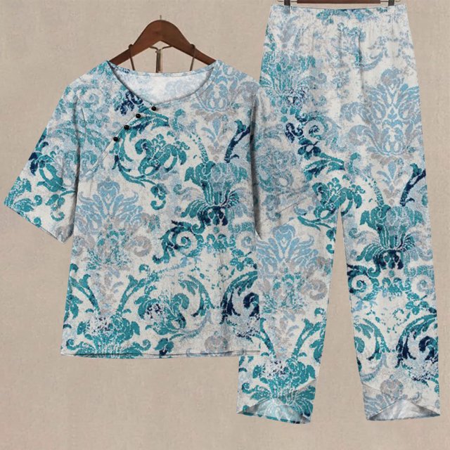 Ensembles 2 Pcs pour Femmes Été Imprimé Manches Courtes Demi-Manches Col Rond Haut Court + Ensemble Pantalon Décontracté Ensemble Deux Pièces Tenue de Détente Ensembles Grande Taille en Liquidation
