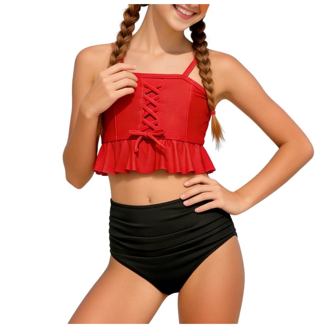 Gubotare Swimsuit for Kids for Girl Children Girls Swimwear Kids Ruffle Patchwork Strap Swimwear Watermelon Print Swimwear Swimdress Two-Pieces Bathing Suits Size 9-10 (Watermelon Red,9-10 Years)