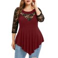 thumbnail image 1 of Heliisoer Plus Size Floral Lace Women Solid O-Neck Asymmetric Three Quarter Tops, 1 of 7