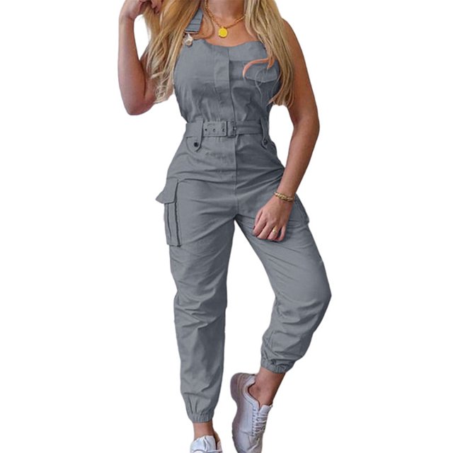 Innerwin Jumpsuits Sleeveless Women Long Pants Summer With Pockets Solid Color Romper Gray 4XL