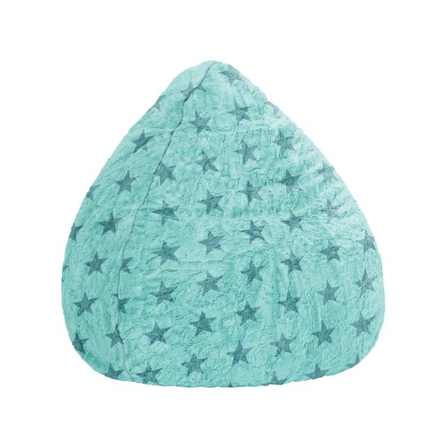 Gouchee Home Fluffy Stars Turquoise Faux Fur Bean Bag Chair with star pattern, soft 100% polyester faux fur upholstery, filled with high-density polystyrene beads, lightweight and portable, sized 27 inches diameter by 43 inches height, suitable for kids' rooms or playrooms.