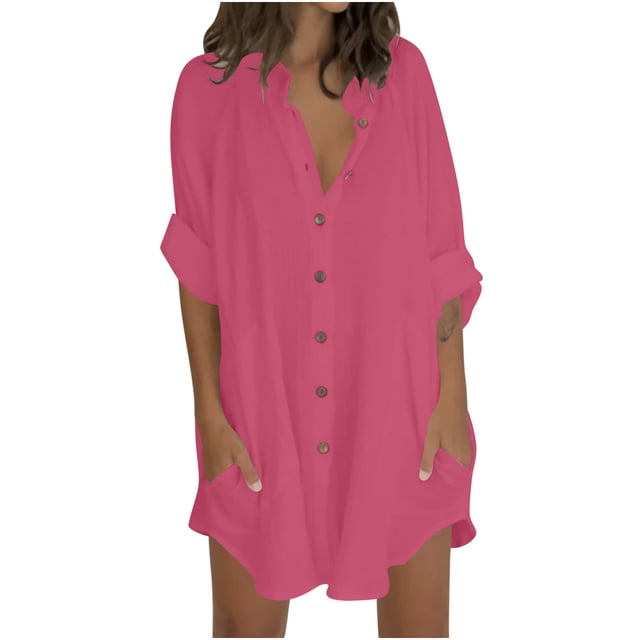 Timegard Chemises pour Femmes en Coton et Lin à Boutons, Col à Revers, Blouse à Manches 3/4, Hauts d'Automne avec Poches