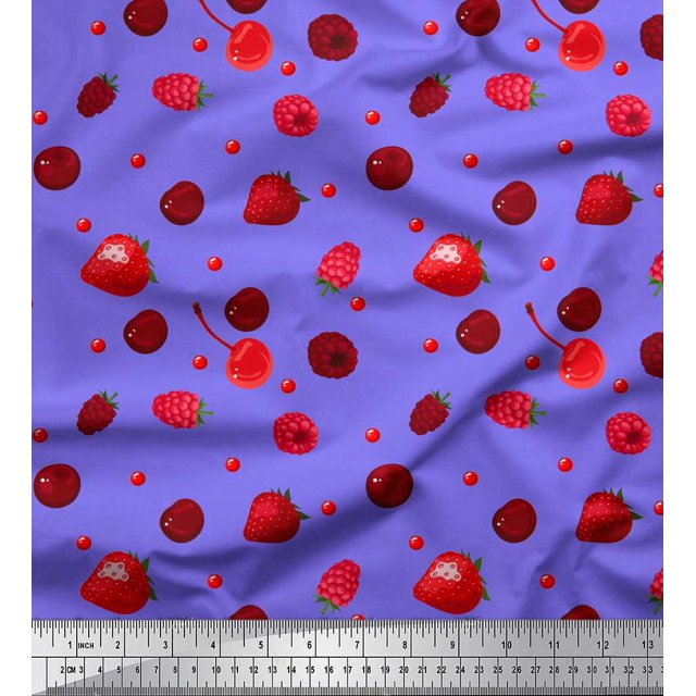 Soimoi Viscose Chiffon Fabric Raspberry,Strawberry & Cherry Fruits Print Fabric by Yard 42 Inch Wide