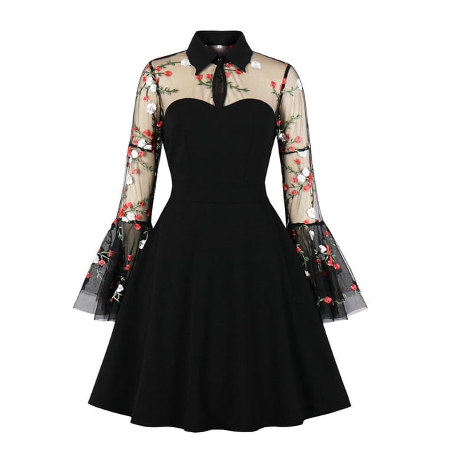 QTBIUQ Robe de Cocktail Évasée pour Femme à Manches Évasées, Col Rabattu, Boutons, en Maille Unie, Broderie Papillon, pour Fête