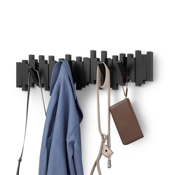 Umbra Sticks Wall-Mounted Coat Rack Rail Hook with 8 Retractable Pegs  Modern, Space-Saving Storage Organizer, Black