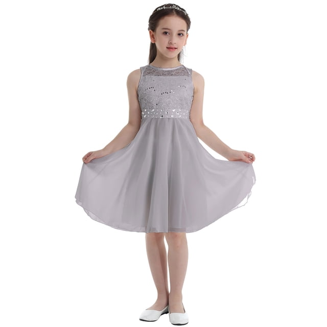 YONGHS Robe en Mousseline à Fleurs et Dentelle pour Grandes Filles, Formelle, Banquet, Concours, Mariage, Fête, Robe de Bal, Gris 6