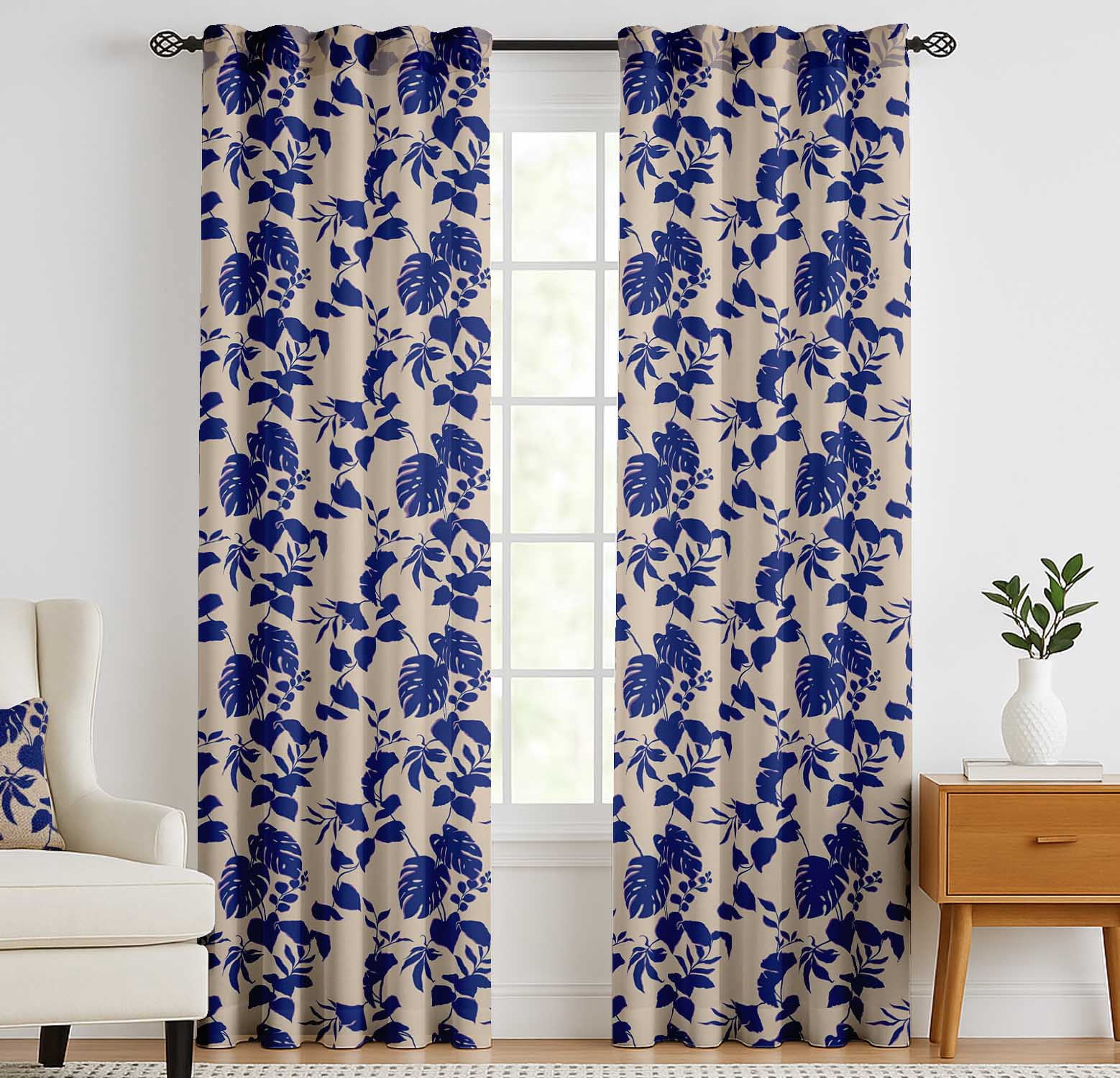 Vargottam Cotton Curtains for Windows - 3-in-1 Rod Pocket/Back Tab Short Window Drapes - Light Filtering Cotton Panels - Set of 2, 52"x63" - Vines Motif Design (Blue)